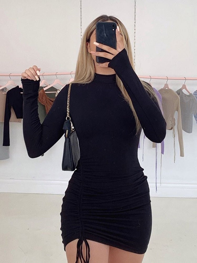 Black Turtleneck Ruched Bodycon Mini Dress for Women - Luna BR wear co.