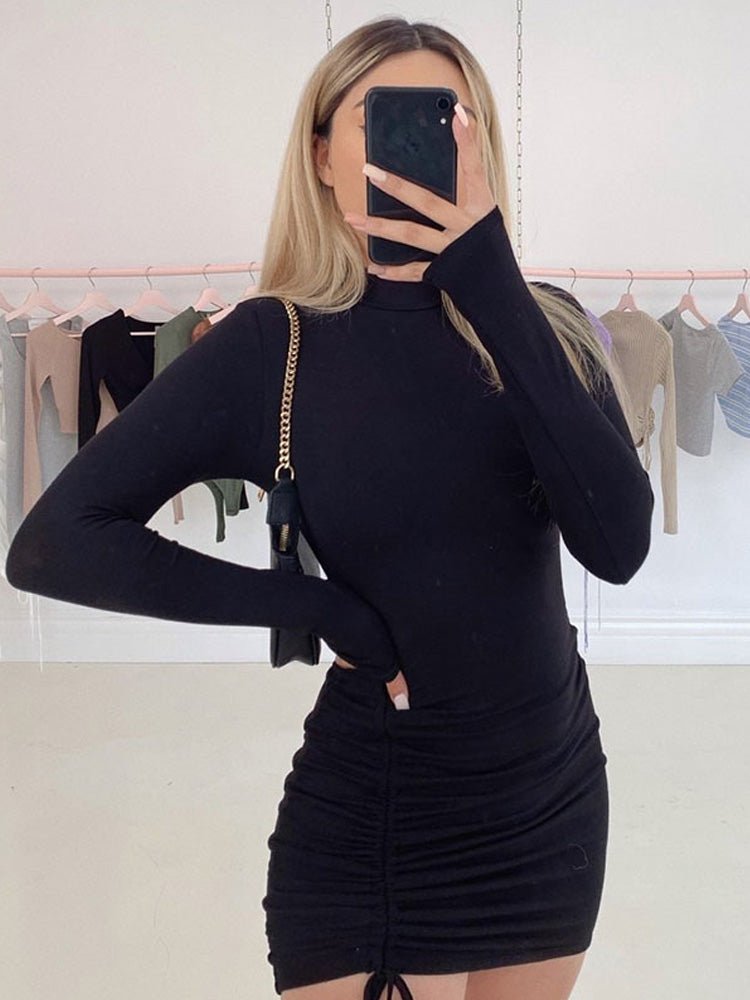 Black Turtleneck Ruched Bodycon Mini Dress for Women - Luna BR wear co.