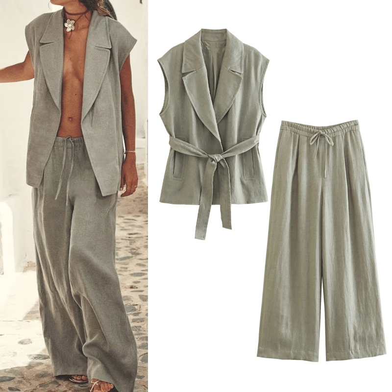 Casual Summer Set with Belted Linen Top (One Set) - Luna BR wear co.