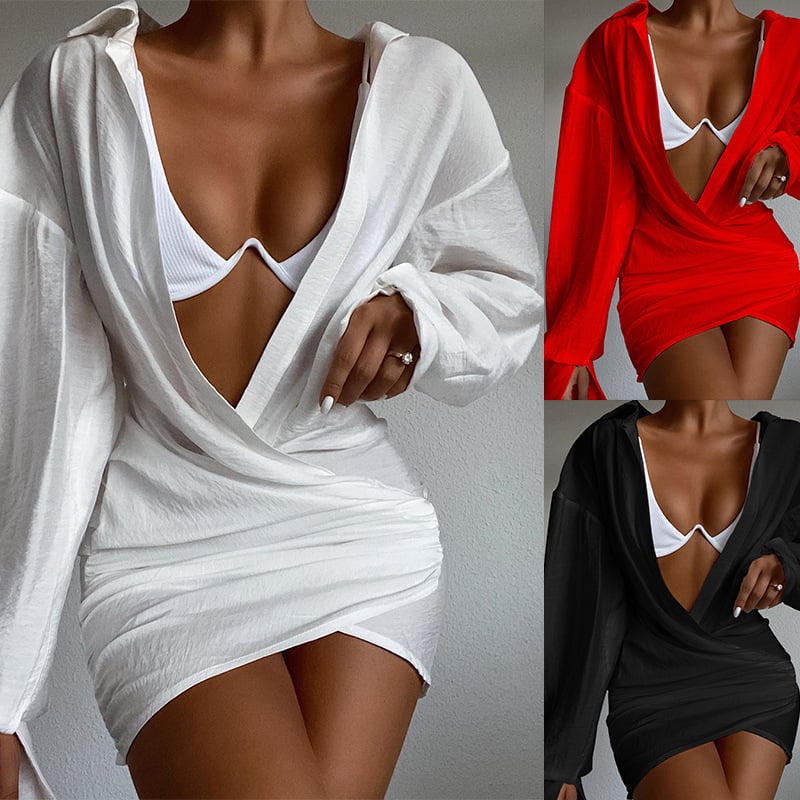 Deep V-neck Solid Color Long Sleeve Mini Dress - Luna BR wear co.