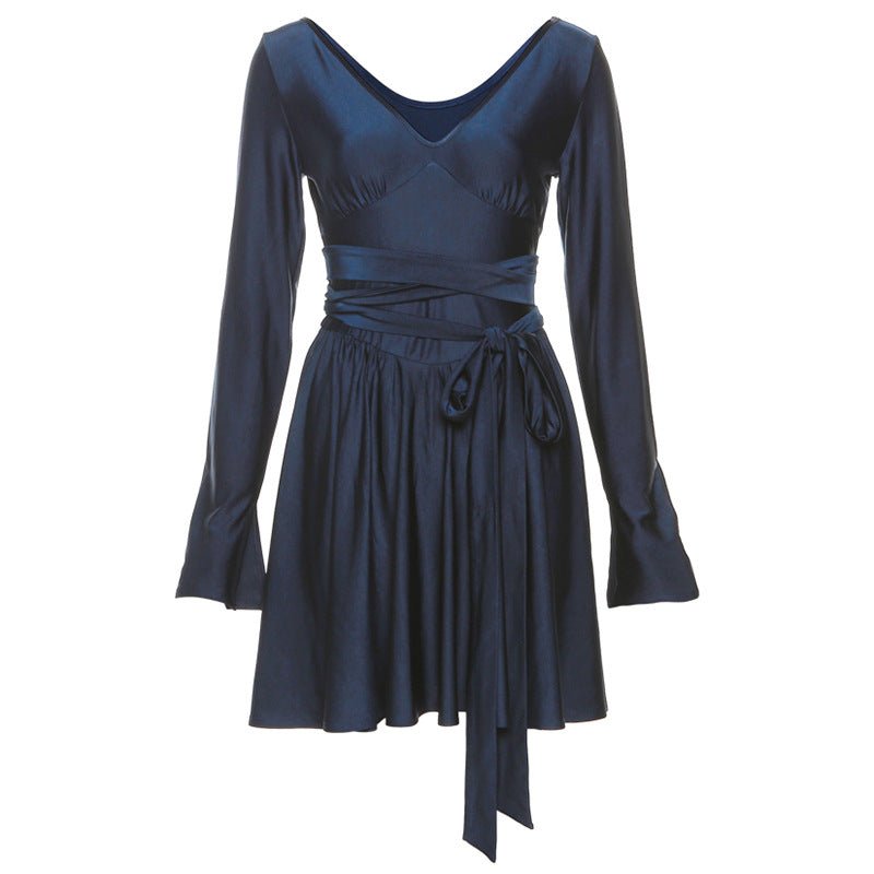 Fashionable V-Neck Backless Dress with Waist Tie - Luna BR wear co.