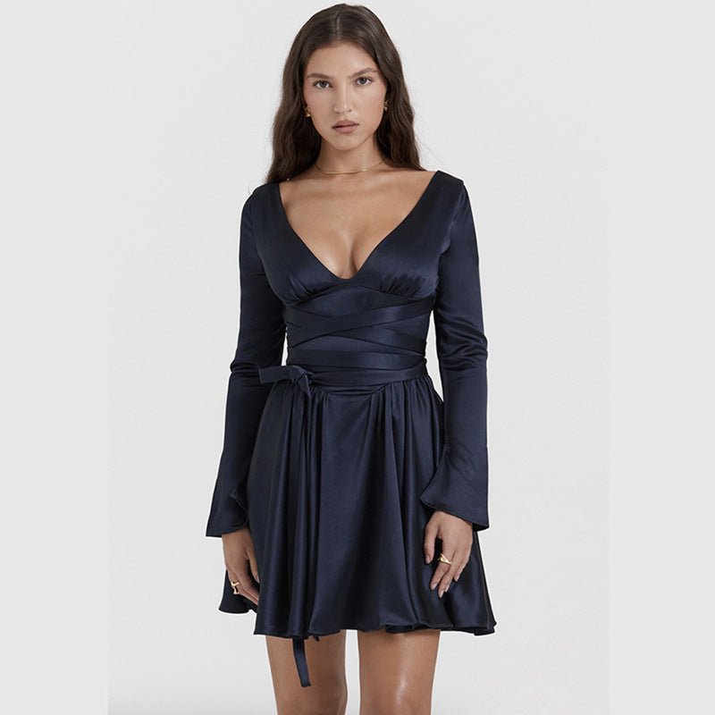 Fashionable V-Neck Backless Dress with Waist Tie - Luna BR wear co.