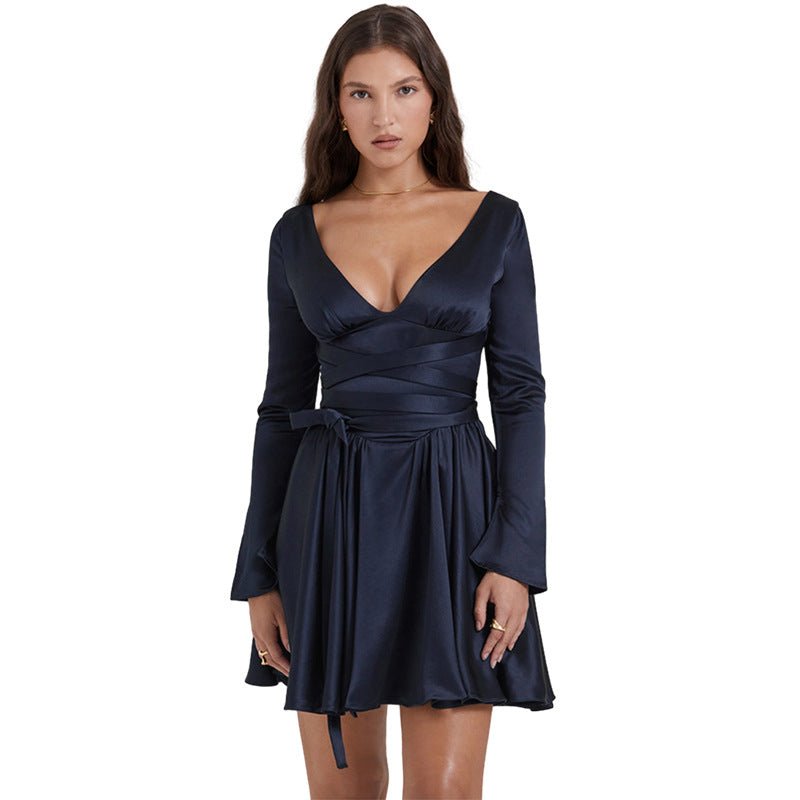 Fashionable V-Neck Backless Dress with Waist Tie - Luna BR wear co.