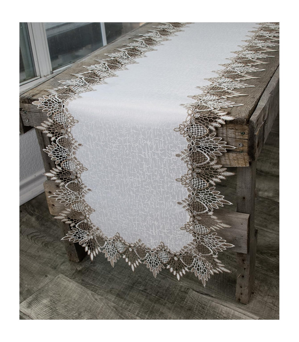 Lace Runner Neutral Earth Tones on White Jacquard Table Runner Dresser Scarf Coffee Table Runner (16Wx54L) - Luna BR wear co.