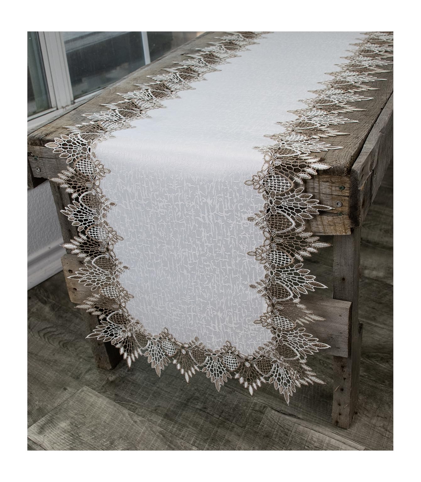 Lace Runner Neutral Earth Tones on White Jacquard Table Runner Dresser Scarf Coffee Table Runner (16Wx54L) - Luna BR wear co.