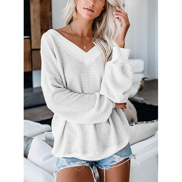 Loose V-Neck Knit Sweater with Plaid Design - Luna BR wear co.