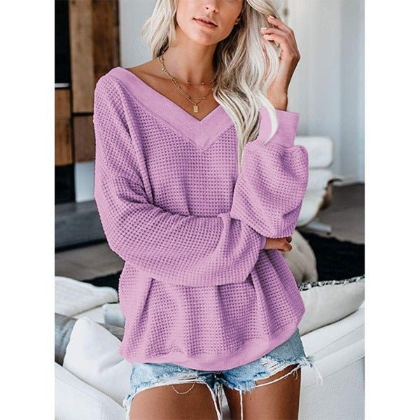 Loose V-Neck Knit Sweater with Plaid Design - Luna BR wear co.