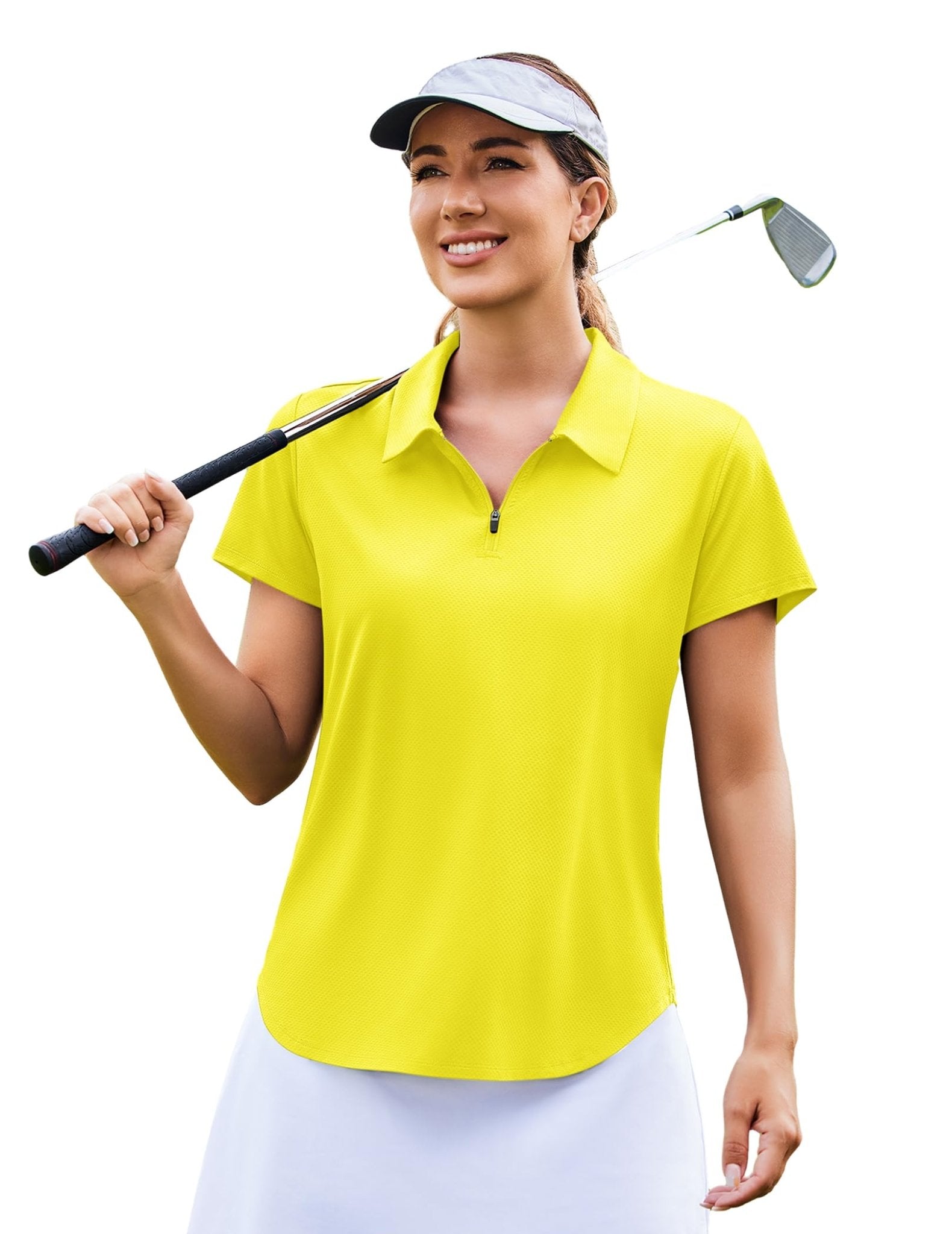 PINSPARK Golf Shirts for Women UPF 50+ Sun Protection Zip Up Tennis Quick Dry Loose Fit Polo Shirt Hiking Solid Yellow L - Luna BR wear co.