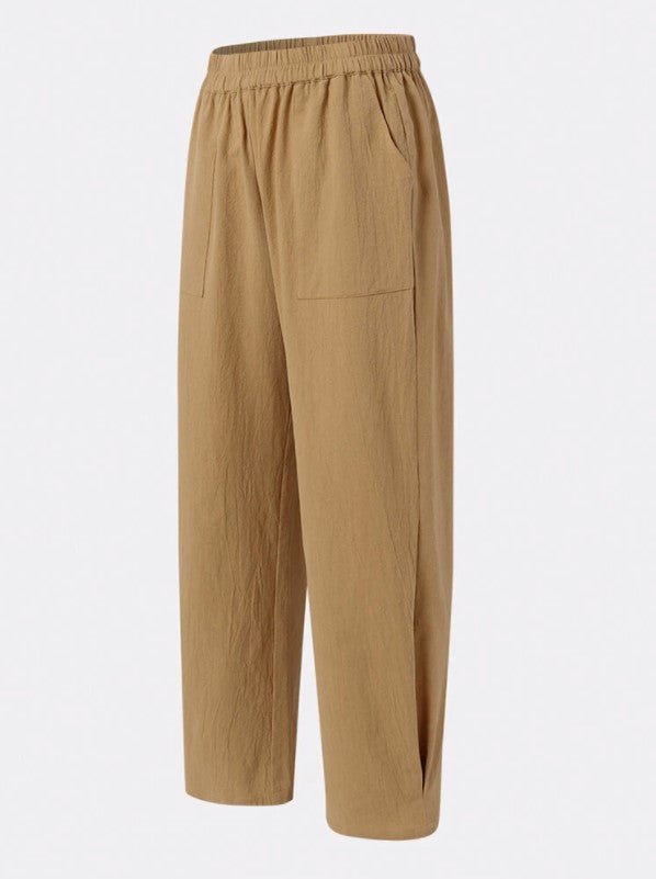 Pocket Elastic Waist Cotton Linen Casual Wide-leg Trousers - Luna BR wear co.