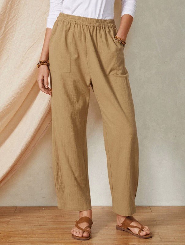 Pocket Elastic Waist Cotton Linen Casual Wide-leg Trousers - Luna BR wear co.