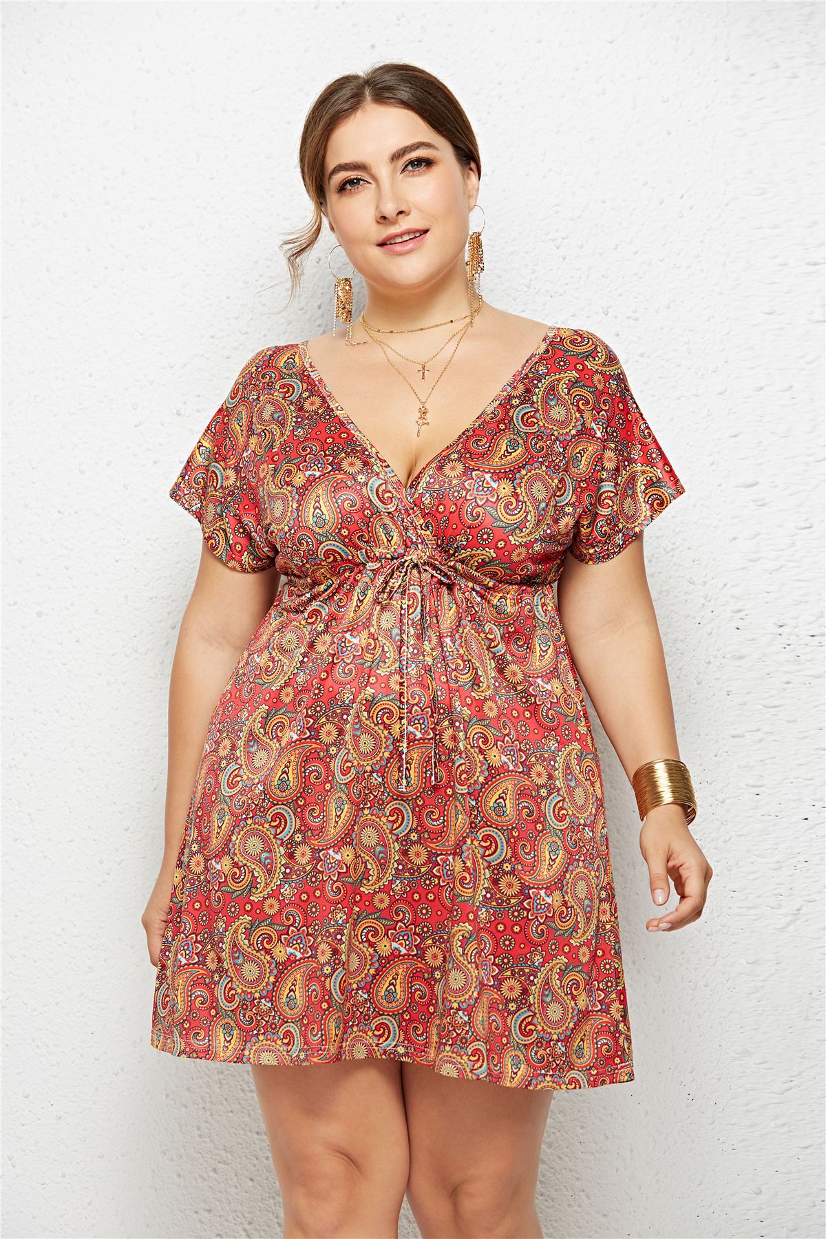 Printed Deep V-Neck Dress with Elastic Waist - Luna BR wear co.