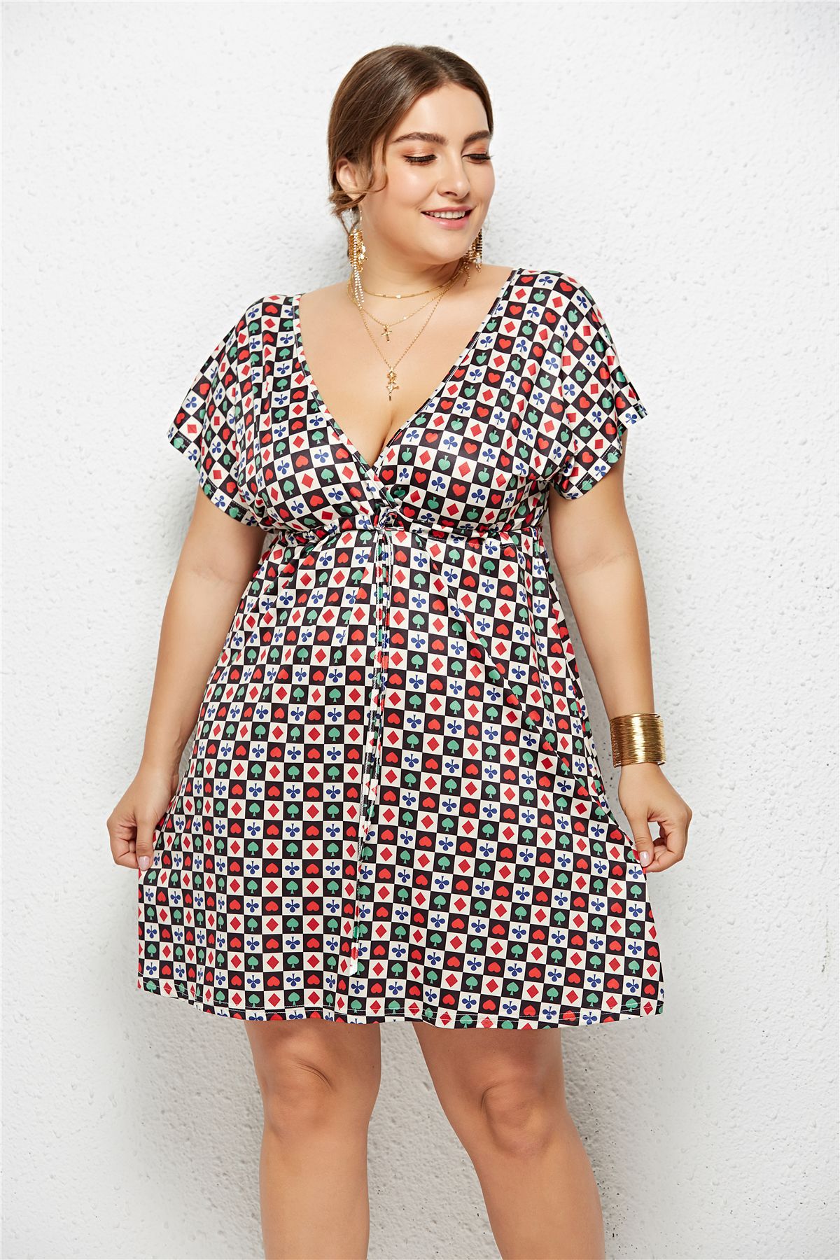 Printed Deep V-Neck Dress with Elastic Waist - Luna BR wear co.