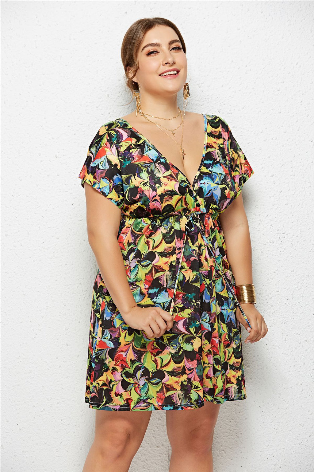 Printed Deep V-Neck Dress with Elastic Waist - Luna BR wear co.