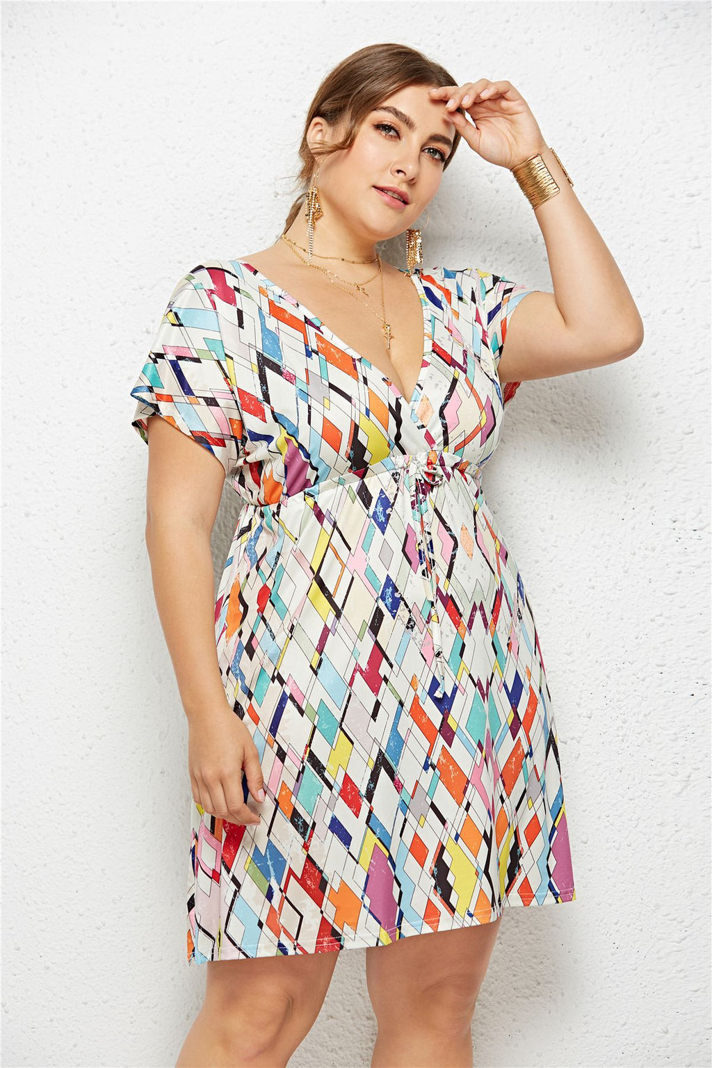 Printed Deep V-Neck Dress with Elastic Waist - Luna BR wear co.