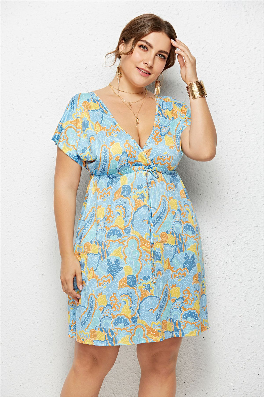 Printed Deep V-Neck Dress with Elastic Waist - Luna BR wear co.