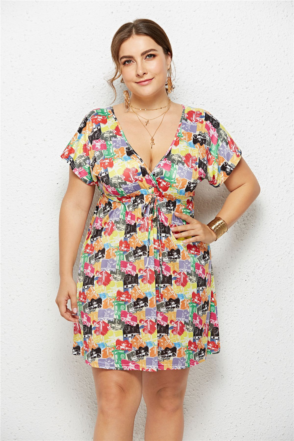 Printed Deep V-Neck Dress with Elastic Waist - Luna BR wear co.
