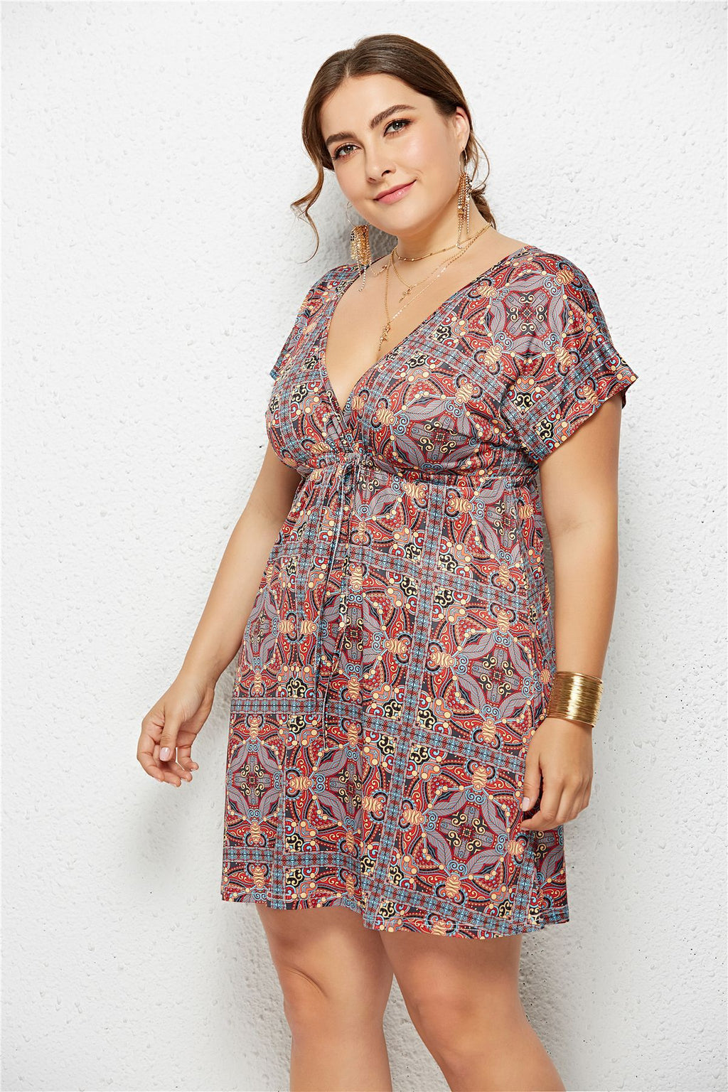 Printed Deep V-Neck Dress with Elastic Waist - Luna BR wear co.
