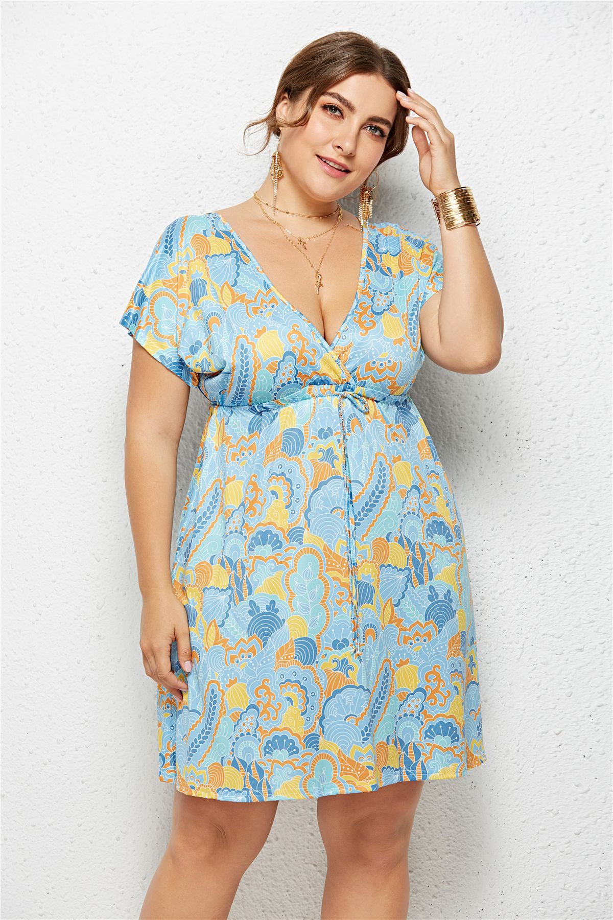Printed Deep V-Neck Dress with Elastic Waist - Luna BR wear co.