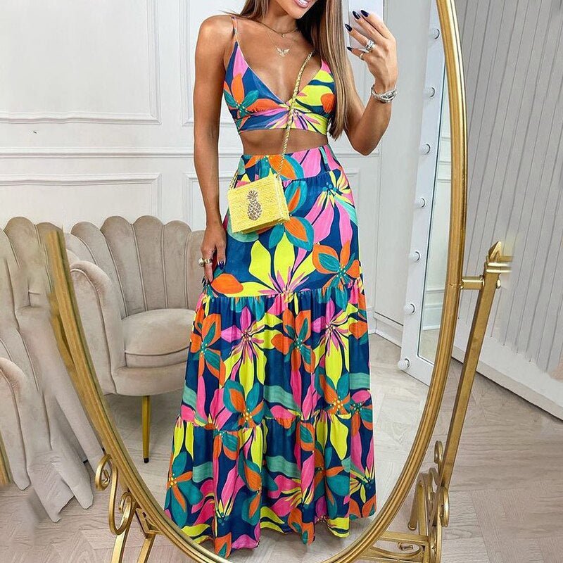Summer Floral V-Neck Maxi Dress Two-Piece Set for Women - Luna BR wear co.
